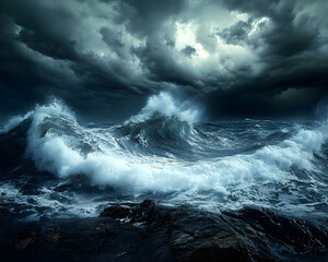 Obraz premium Stormy Sea with Waves Crashing on Rocks - Realistic Image