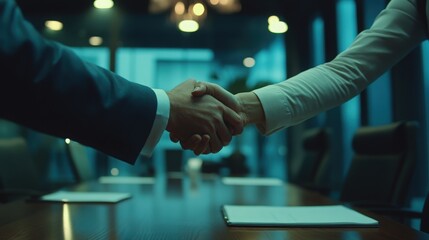 Professional Business Handshake at Meeting in Corporate Conference Room Setting 