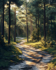 Fototapeta premium Sunbeams Through The Trees - Forest Path Illustration