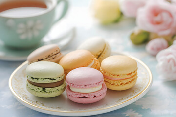 Fototapeta premium A selection of colorful macaroons displayed on a ceramic plate with a cup of tea in a soft, pastel-colored cafe setting, Dessert