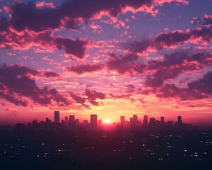Fototapeta premium Pink Sunset Sky Over Cityscape Illustration