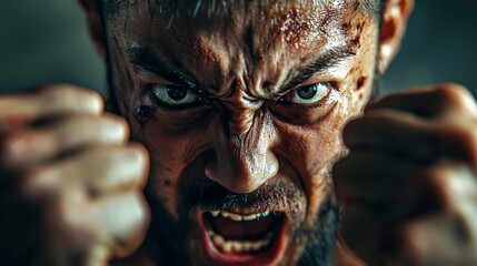 Obraz premium A man with clenched fists and a furious expression, his eyes blazing with anger