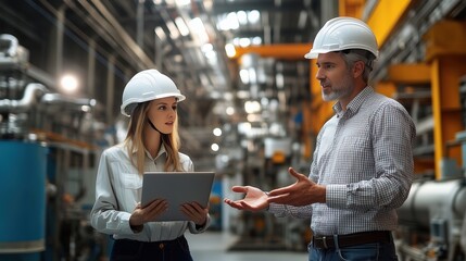 Engineering Discussion in Industrial Setting. Woman and a man engage in a professional discussion in an industrial environment, showcasing teamwork and collaboration in engineering and technology.