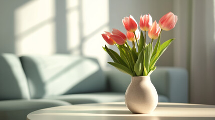 "Elegant Pink Tulips in a Vase: A Touch of Color in a Light Living Room"
