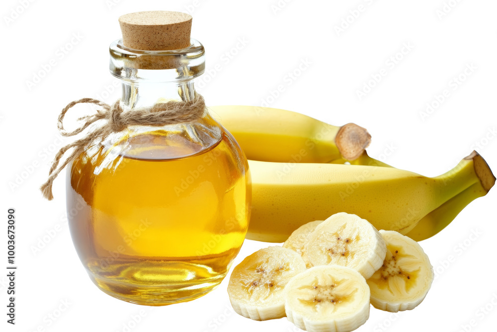 Poster Bottle of banana vinegar with sliced bananas ,Isolated on transparent background