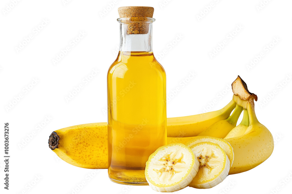 Poster bottle of banana vinegar with sliced bananas ,isolated on transparent background