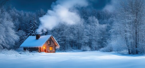 Cozy cabin in snowy landscape at night with smoke rising from chimney.