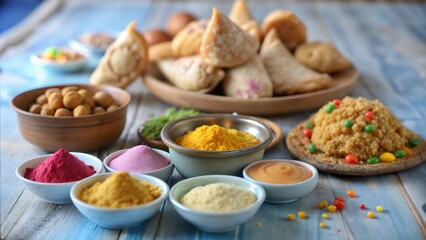 Holi Festival Feast: A Vibrant Spread of Samosa, Kachori, Laddu, Gujiya, Palash Flowers, Thandai, Farsan, Chana Masala, and Puran Poli or Roti for the Indian Festival of Colors






