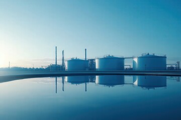 Naklejka premium Industrial Gas Storage Tanks and Pipelines with Reflection on Water Against Blue Sky 