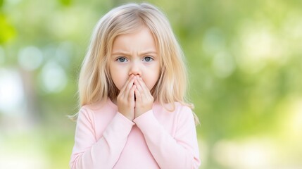 Coughing child, Little girl has an asthma attack. Outdoor background.