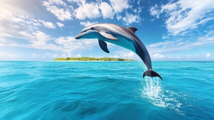 Bottlenose dolphin leaping gracefully out of the clear blue waters of the Caribbean Sea with a tropical coastline visible in the background