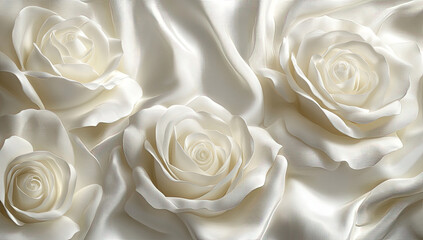 Three-dimensional white roses on a silk background. Created with Ai