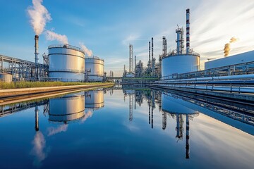 Industrial Gas Storage Tanks and Pipelines with Reflection on Water Against Blue Sky 
