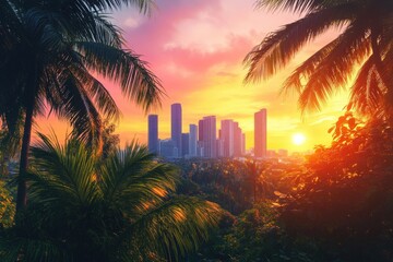 Majestic Urban Jungle A Sunset View of the Metropolitan Skyline Overlooking Lush Palm Trees