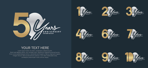 Anniversary logo set vector design, gold and silver color for celebration event