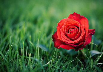 A vibrant red rose delicately placed on lush green grass, with the soft focus of natural light creating an enchanting and romantic atmosphere. Created with Ai