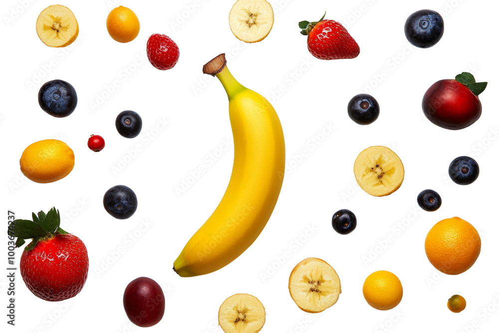 Aufkleber banana surrounded by a mixed fruit arrangement ,isolated on transparent background