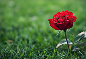 A vibrant red rose, standing alone in the lush green grass of an open field on Valentine's Day. Created with Ai