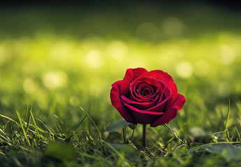 A vibrant red rose, perfectly blooming in the lush green grass of an open field, with a blurred background that adds depth and focus to its beauty. Created with Ai