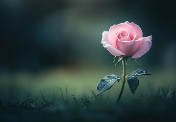 A pink rose growing on the grass, with dewdrops glistening in the morning sunlight. Created with Ai