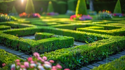 triangle of geometric pattern of green hedge flowerbed of a green labryinth maze garden