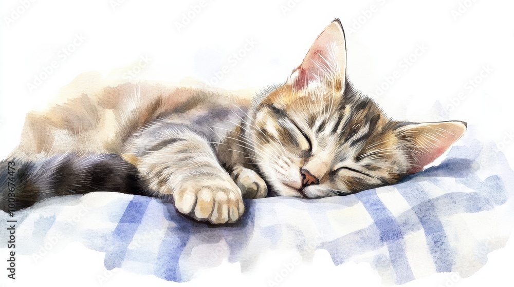 Poster a peaceful cat sleeps soundly on a soft bedspread with a serene white background. generative ai