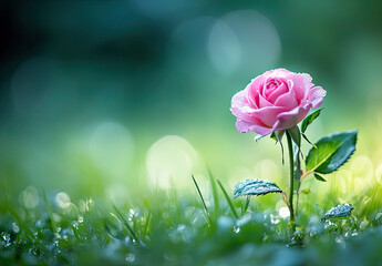  A pink rose in the grass, with a bokeh background, a green color tone, fresh and natural, with water droplets on the petals. Created with Ai
