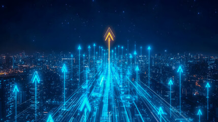 Futuristic Cityscape with Neon Arrows and Technology