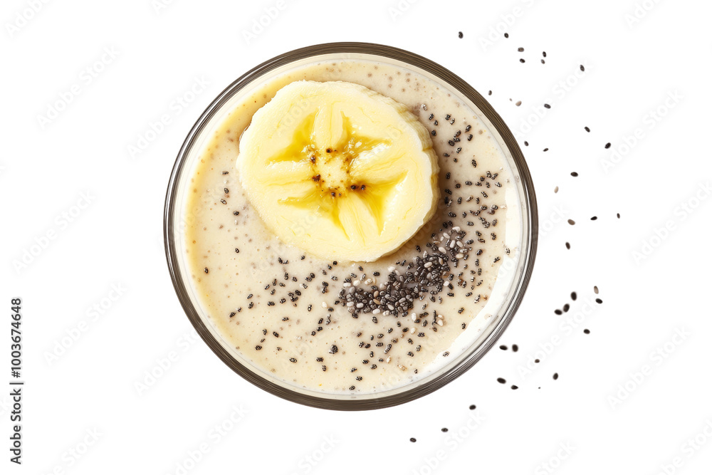 Poster banana smoothie with a slice of banana on the rim and a sprinkle of chia seeds ,isolated on transpar