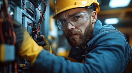 Focused electrical engineer in safety gear working on industrial wiring, representing precision and technical expertise