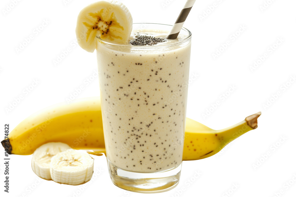 Poster Banana smoothie with a slice of banana on the rim and a sprinkle of chia seeds ,Isolated on transparent background