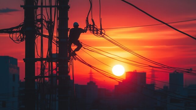 An Electricians Endless Duty Capturing the Silhouette of a Skilled Worker During Sunset