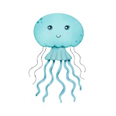 Hand drawn blue jellyfish, underwater world, watercolor illustration