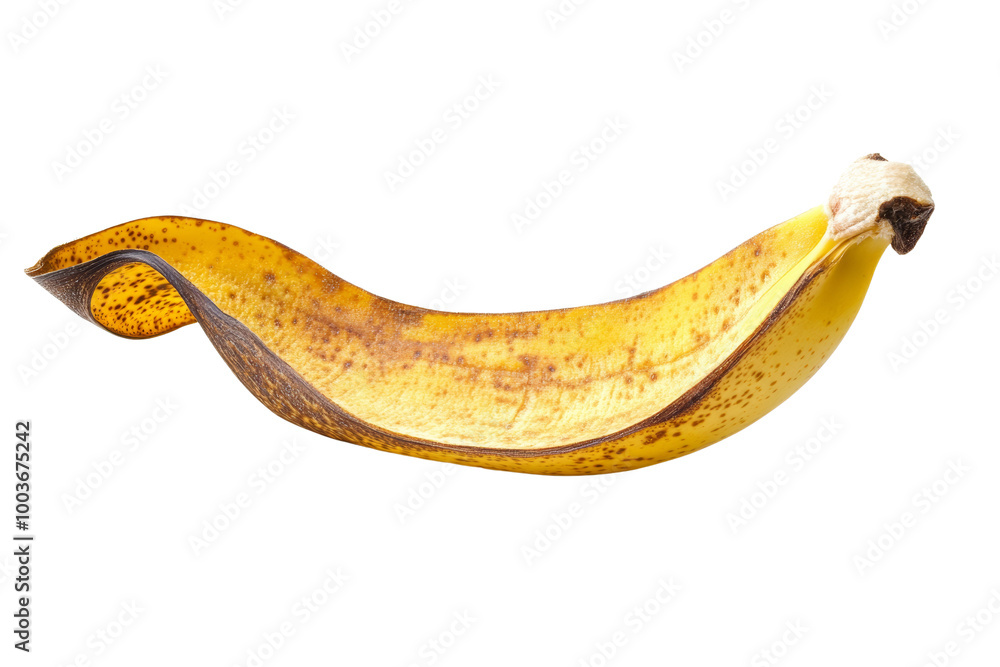 Poster banana peel with a slightly open, curved shape on white background, isolated object
