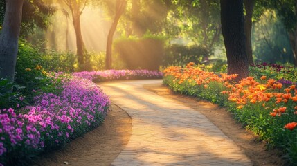 Obraz premium Sunlit park pathway with vibrant flowers and trees on both sides creating a peaceful walking trail filled with nature's beauty