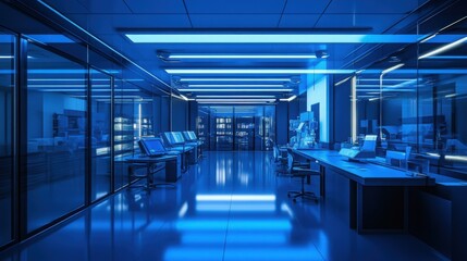 Futuristic laboratory interior with blue lighting and glass walls