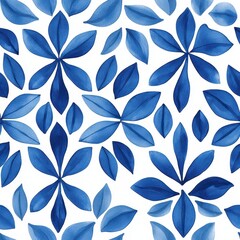 Fototapeta premium A vibrant watercolor pattern featuring blue floral and leaf shapes on a white background, creating a fresh and elegant design.
