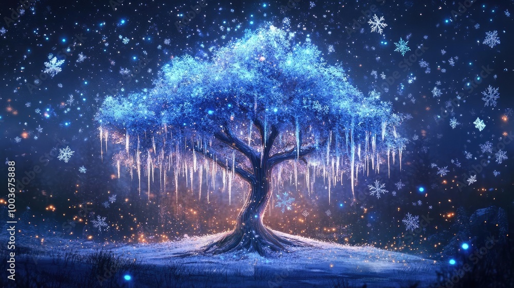 Poster a magical winter tree adorned with shimmering blue lights and snowflakes, creating a serene and ench