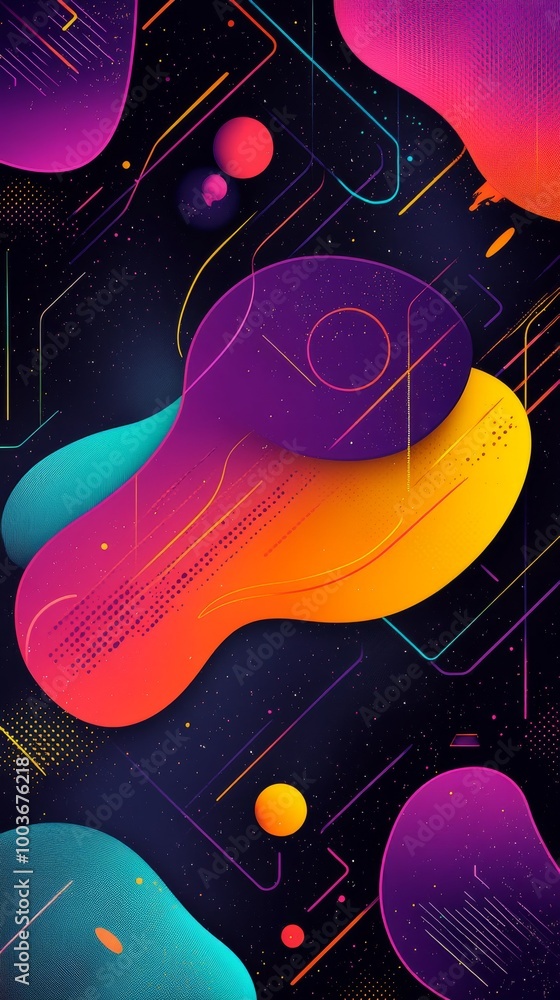 Poster colorful abstract design with fluid shapes and vibrant gradients on a dark background showcasing mod