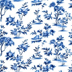 Fototapeta premium A delicate blue floral pattern features intricate vines and blossoms set against a crisp white background, creating an elegant and classic design.