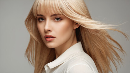 Naklejka premium beautiful blond hair young woman. fringe hairstyle. beauty portrait of pretty girl