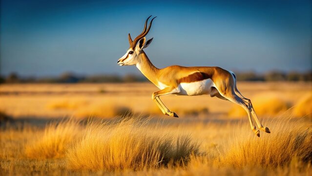 Botswana, breathtaking, Central Kalahari, natural habitat, African wildlife, jumping, A photo of a majestic Springbok antelope pronking in the vast landscape of the Central Kalahari Aerial