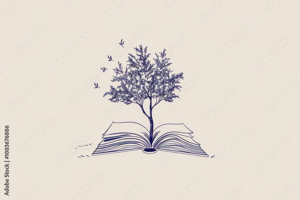 Poster simple line drawing of a book with a tree growing from it.