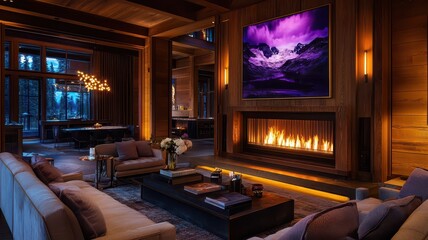 Naklejka premium A luxurious living room featuring cozy seating, a warm fireplace, and dramatic artwork, illuminated by soft lighting.