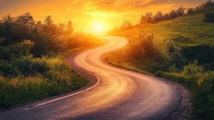 Fototapeta premium A winding road through lush greenery at sunset, capturing the beauty of nature and tranquility in an outdoor landscape.