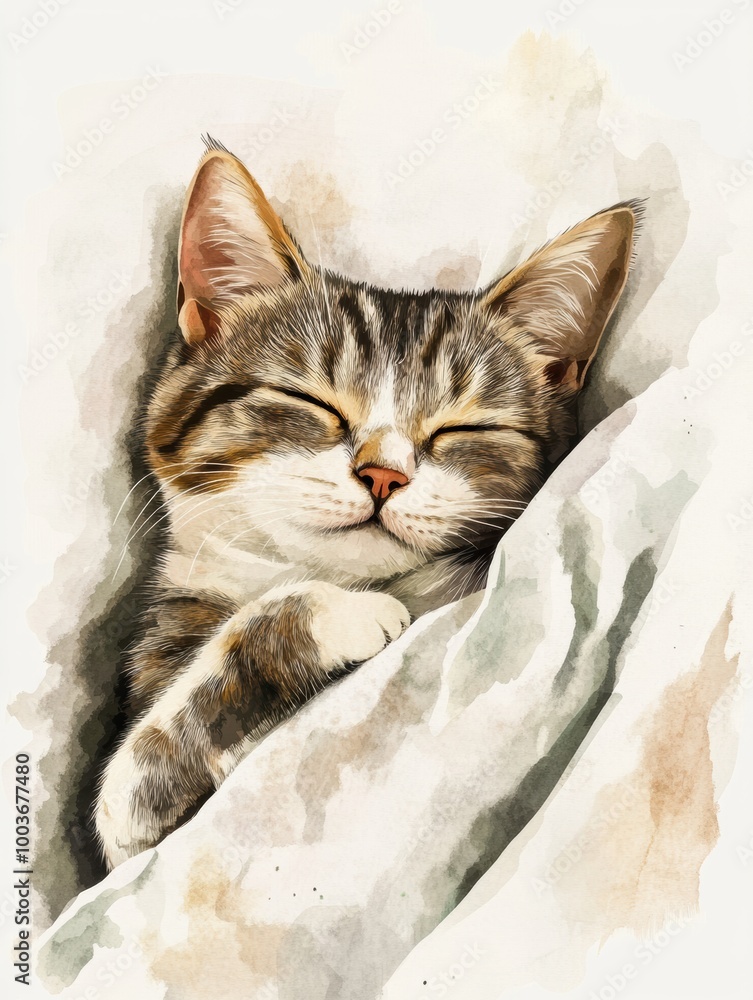 Aufkleber a cozy sleeping cat nestled on a soft bedspread with a white background enjoying a peaceful moment o