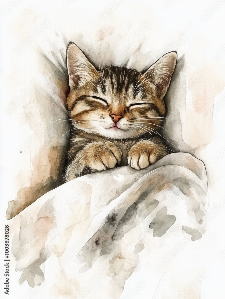 Poster a cozy cat peacefully sleeping on a soft bedspread with a white background during a calm afternoon. 