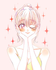 ウインクする女性　お団子頭