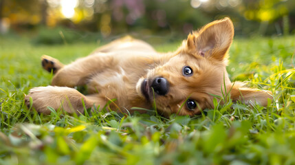Adorable puppy enjoying a carefree moment rolling in the soft green grass on a sunny day.