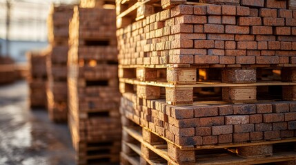 A stack of wooden pallets with bricks on top